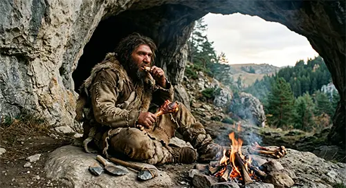 Immagine di un uomo di Neanderthal che mangia davanti ad una grotta con il fuoco acceso