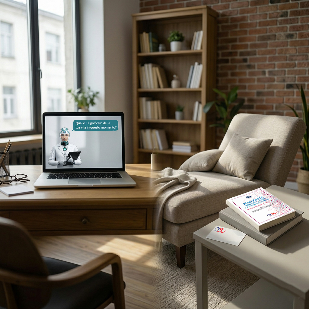 uno studio di un psicoterapeuta con un lettino sullo sfondo, dei libri sul tavolino e un computer portatile con un assistente digitale che si sostituisce allo psicologo