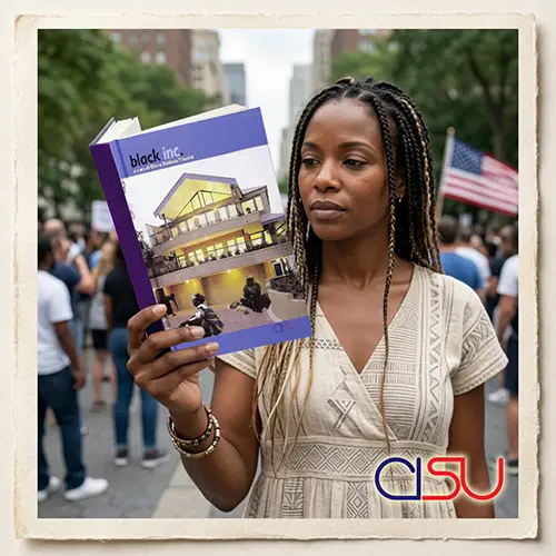 L'immagine mostra in primo piano una donna afroamericana con i capelli raccolti in lunghe treccine (braids), con un'espressione fiera e intensa. Indossa un abito chiaro con discreti motivi geometrici e tiene in mano il libro "Black Inc." pubblicato da CISU