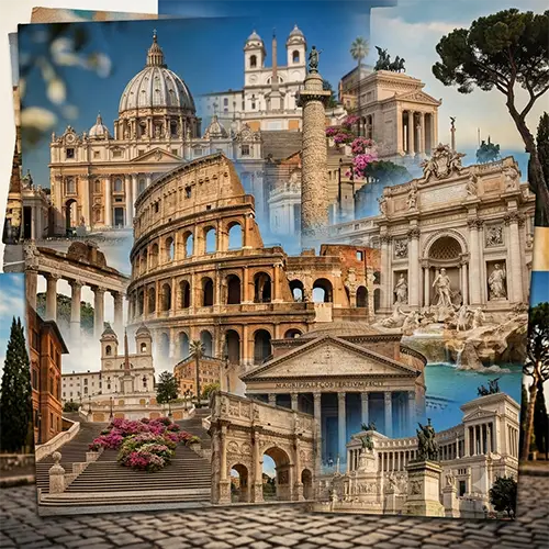 un collage di monumenti di Roma per celebrare i patroni della città eterna