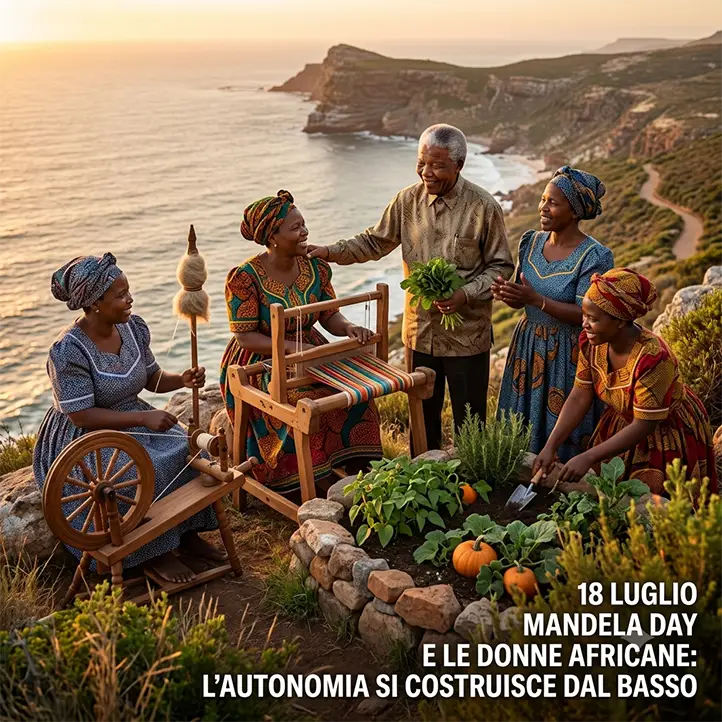 Nelson Mandela insieme alle donne lavoratrici del Sudafrica con sfondo una scogliera e il mare del Sudafrica