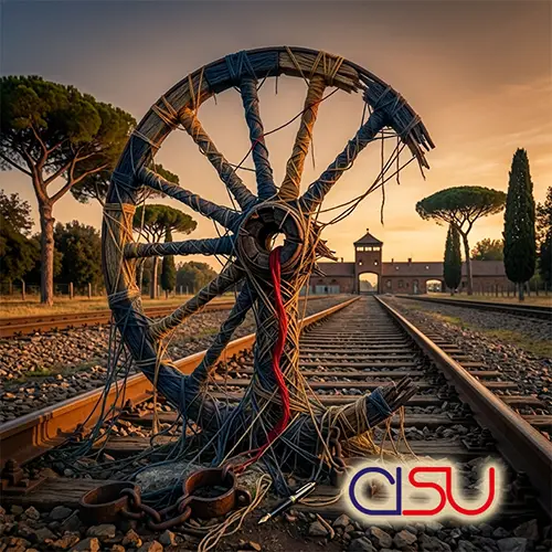 Una ruota di un carro, simbolo dei rom e sinti, rotta su dei binari ferroviari con sullo sfondo l'ingresso di Auschwitz