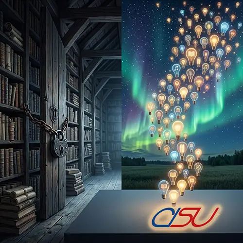 Nel lato sinistro il magazzino chiuso con una catena e un lucchetto, nel lato destro il tavolo d ilavoro cisu che genera molte lampadine che salgono in cielo rappresentando le idee