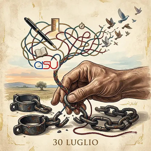una mano spezza una catena da schiavo e dalla catena esce un filo che si dipana in libri, scritture, porte apere, tempo e poi finisce in librarsi in cielo come colombe