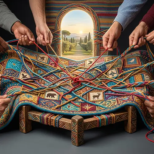 Alcuni mani di persone di diversa etnia intrecciano dei fili colorati per formare una coperta multicolore all'interno di una capanna e da una porta si vede un bel parco con un cielo azzurro e il sole